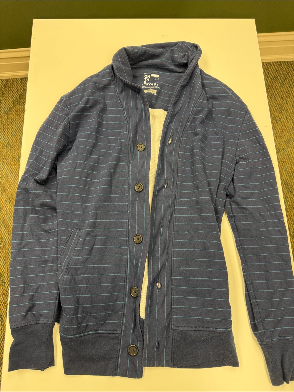 on the byas Navy Blue Striped Lightweight Shawl-Collar Jacket